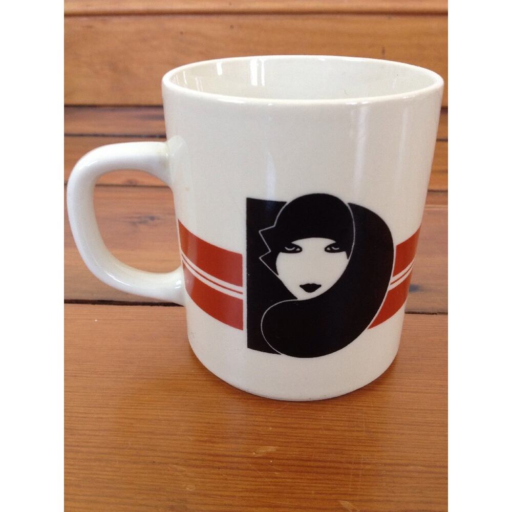 Vintage 70s Marco Polo Fine China White Ceramic Letter D Art Deco Coffee Mug